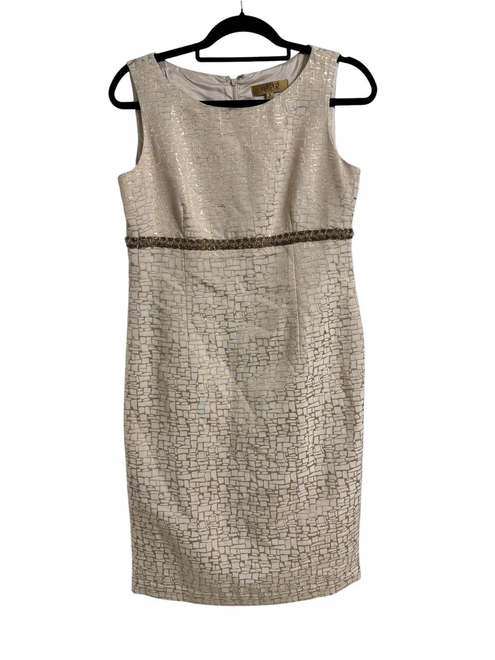 Kasper Cream Metallic Sheath Dress with Beaded Waist